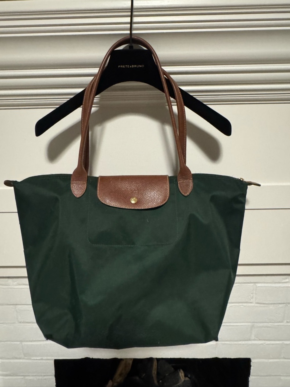 Longchamp Classic "Priage" Large Hunter Green Tote with Brown Leather Trim